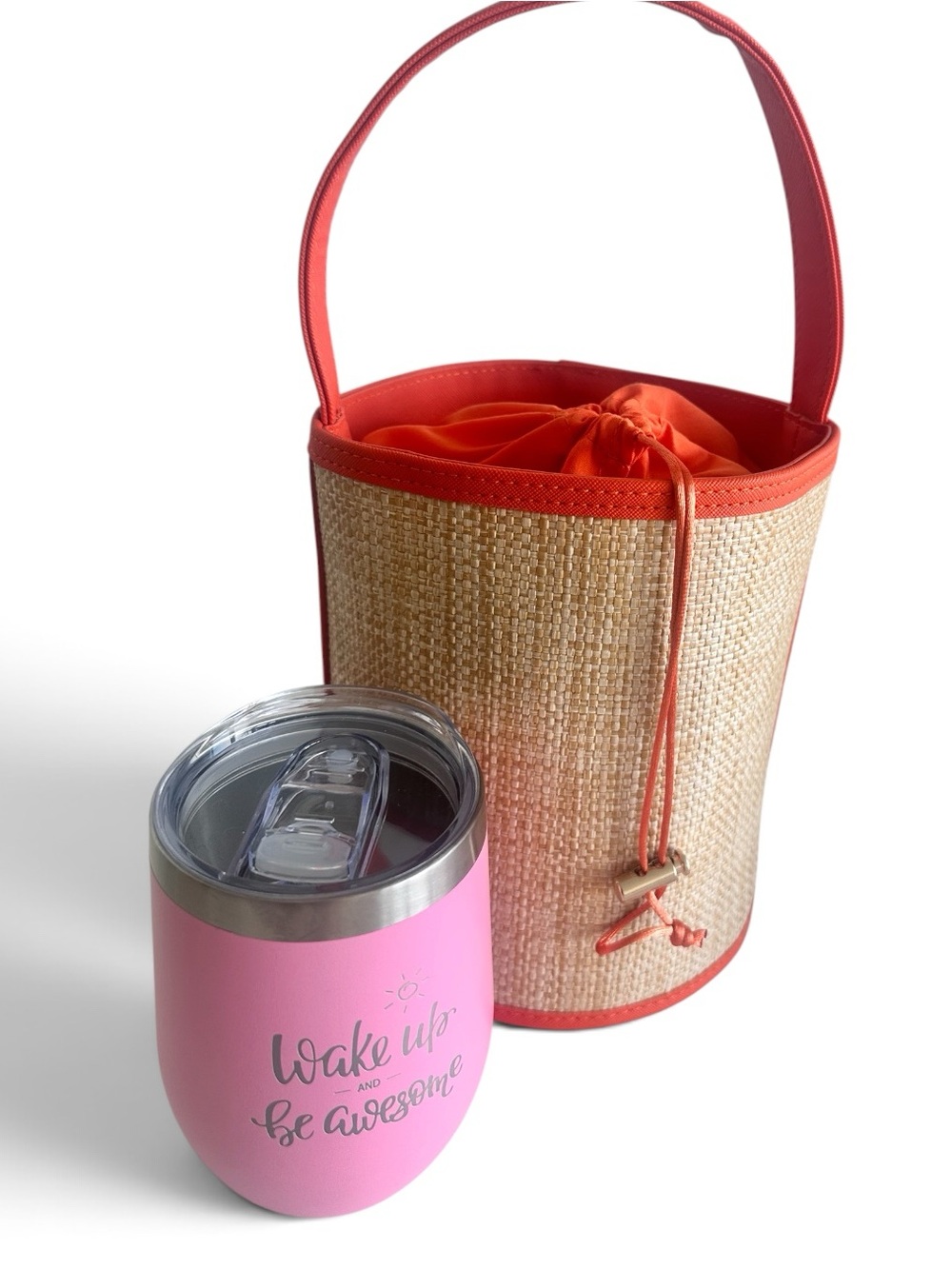 Straw Bucket Bag and Pink Tumbler Set with Orange Trim